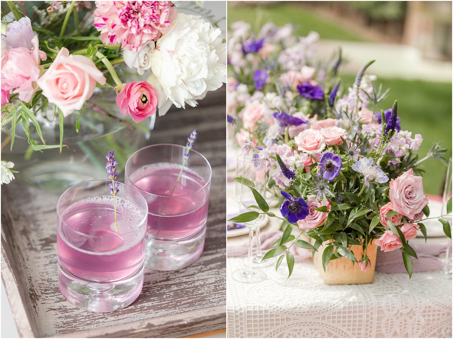 signature wedding cocktails with lavender on table with pink and purple flowers 