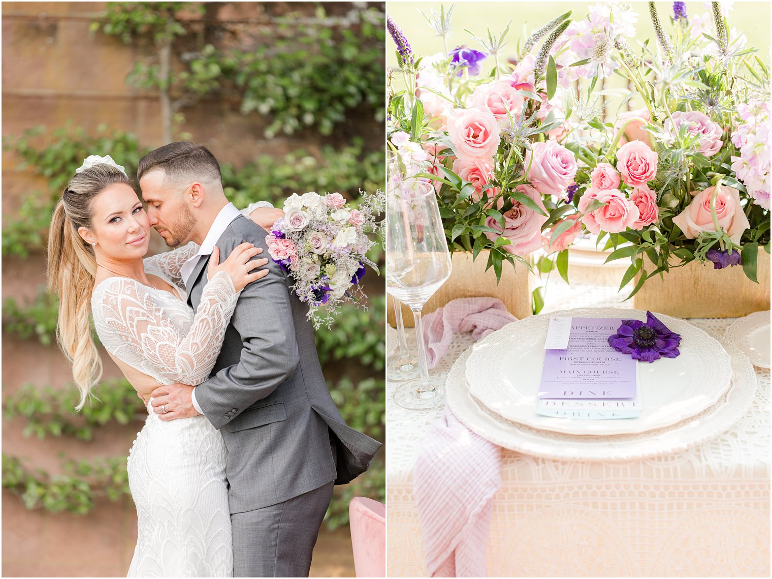 groom hugs bride next to reception display with pink and purple details for wedding minimony at Tyler Gardens