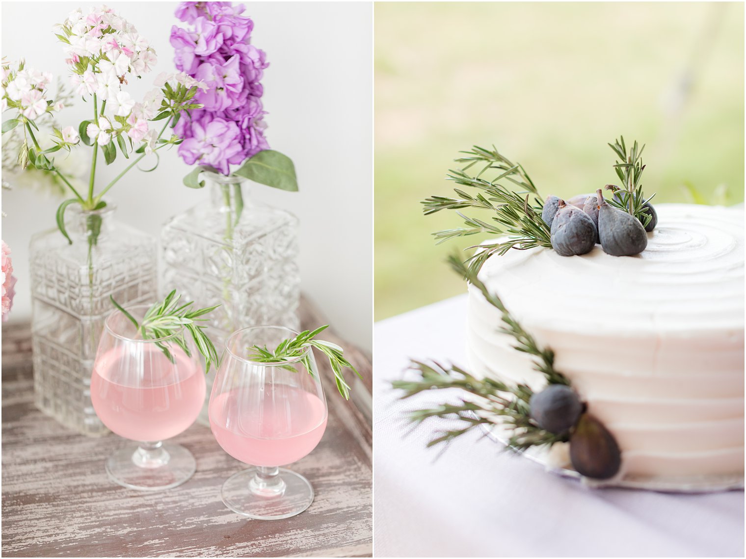 rosemary drinks and fig wedding cake for wedding minimony at Tyler Gardens