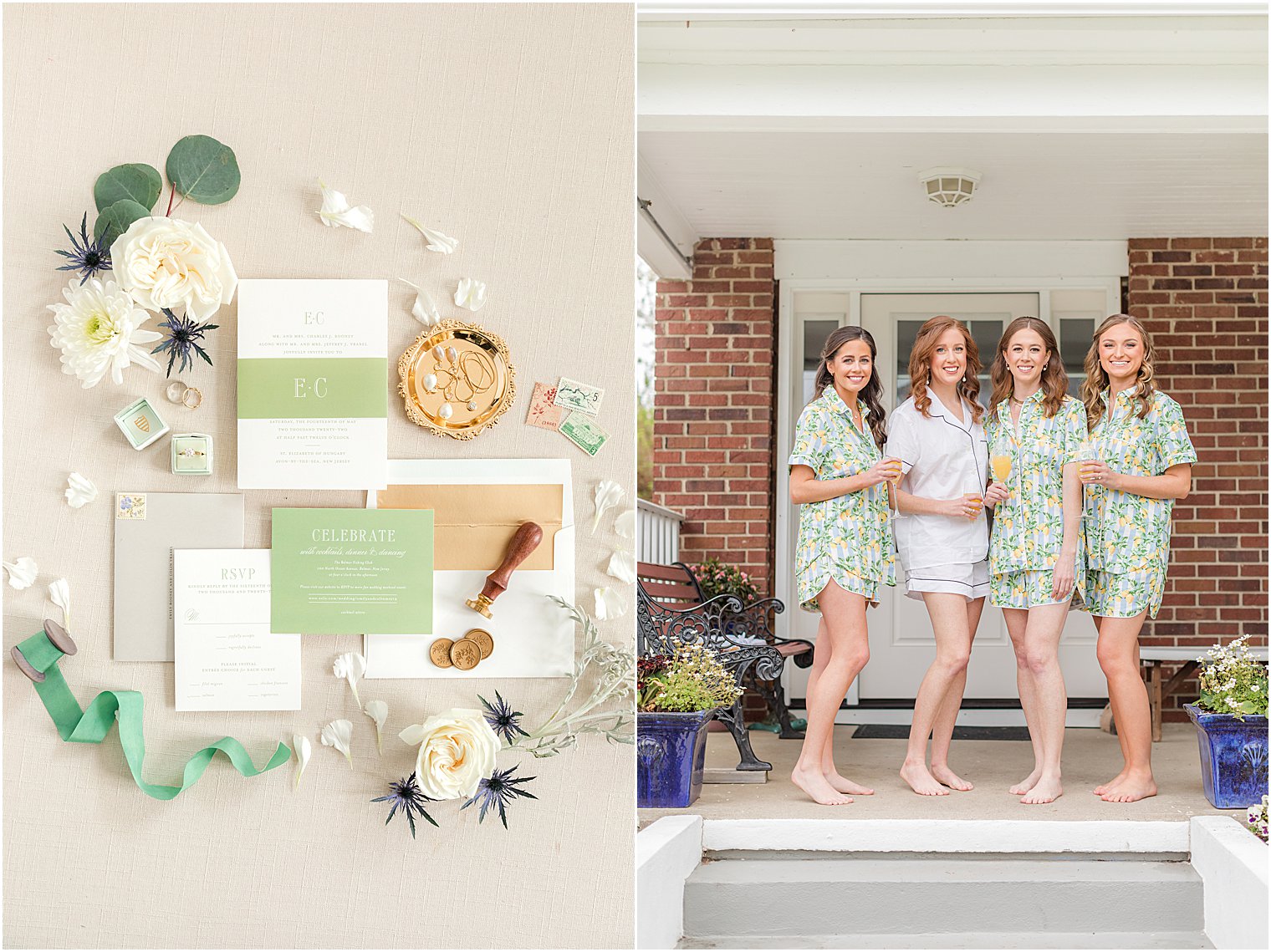 bride and bridesmaids stand on front porch in Belmar NJ before wedding