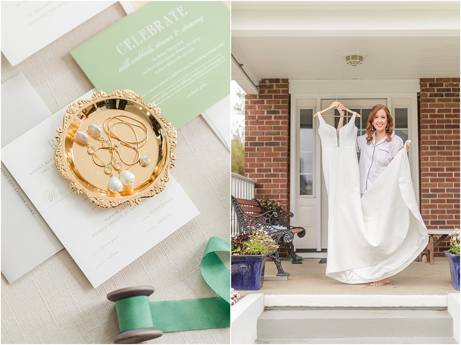 bride stands on front porch holding wedding gown