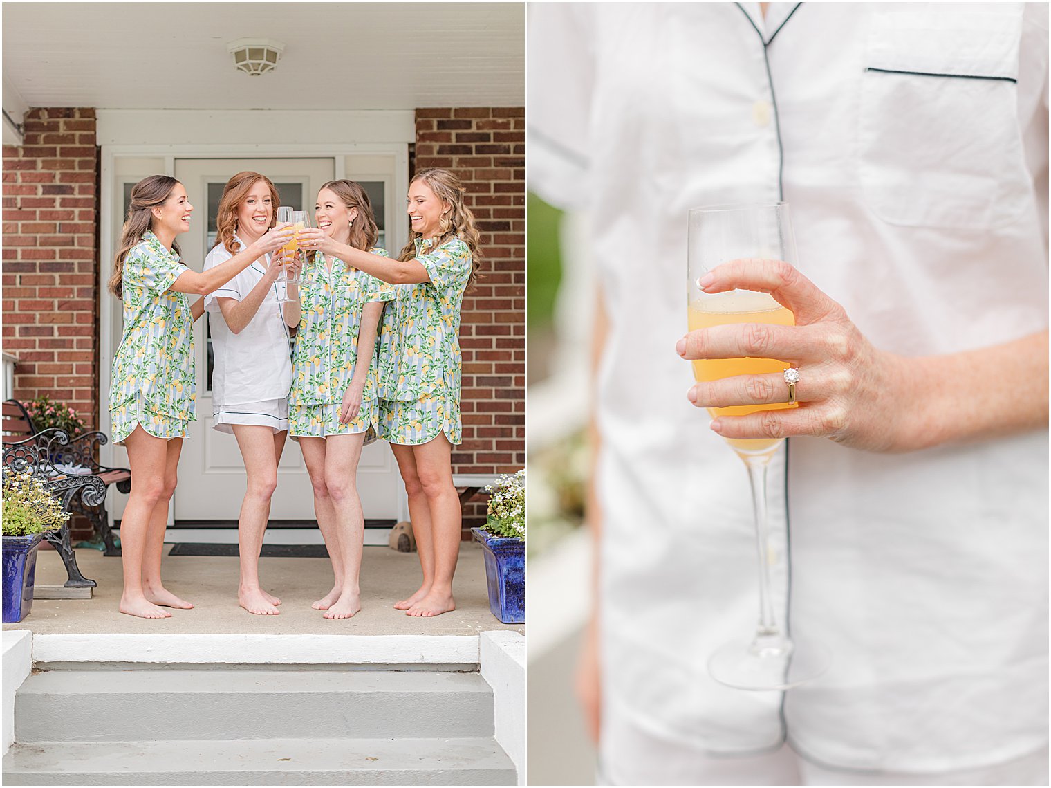 bridesmaids toast champagne with bride in matching pajamas