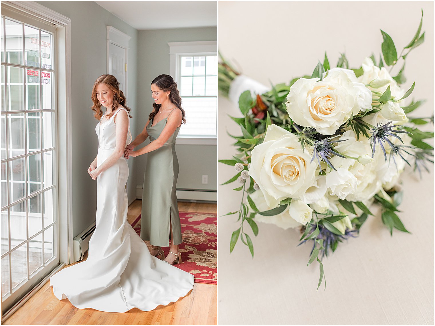 bridesmaid helps bride into wedding gown