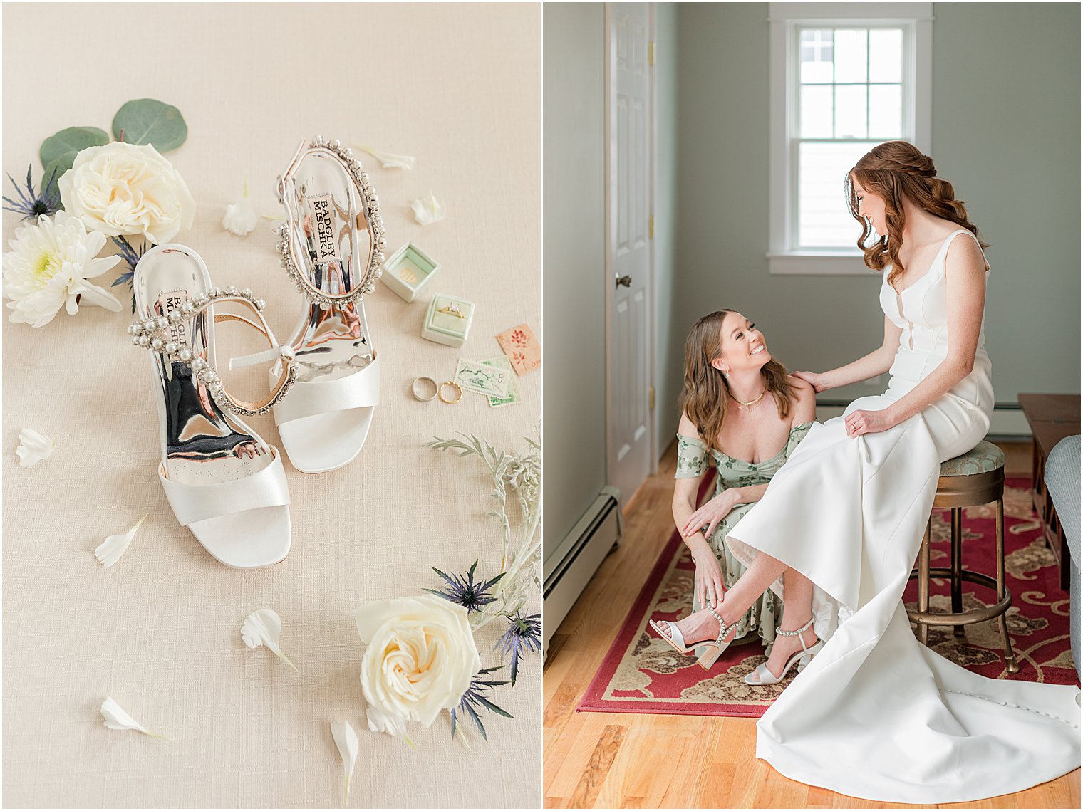 bridesmaid helps bride with shoes for NJ wedding