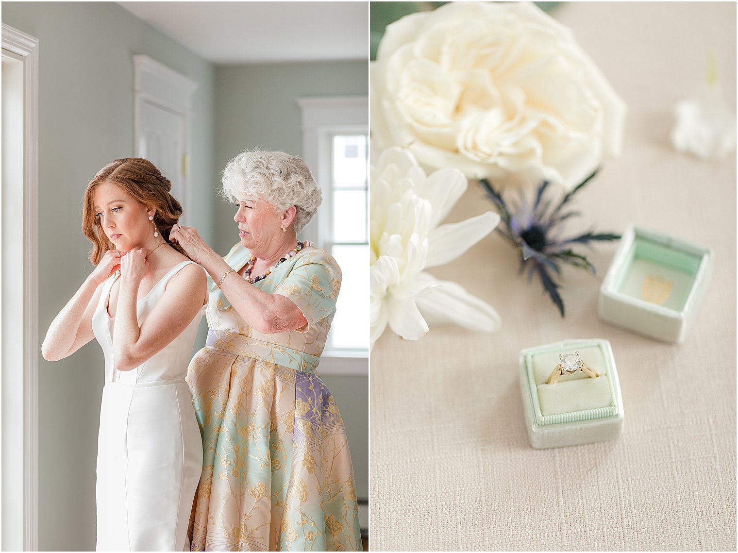 mother of the bride helps bride with necklace