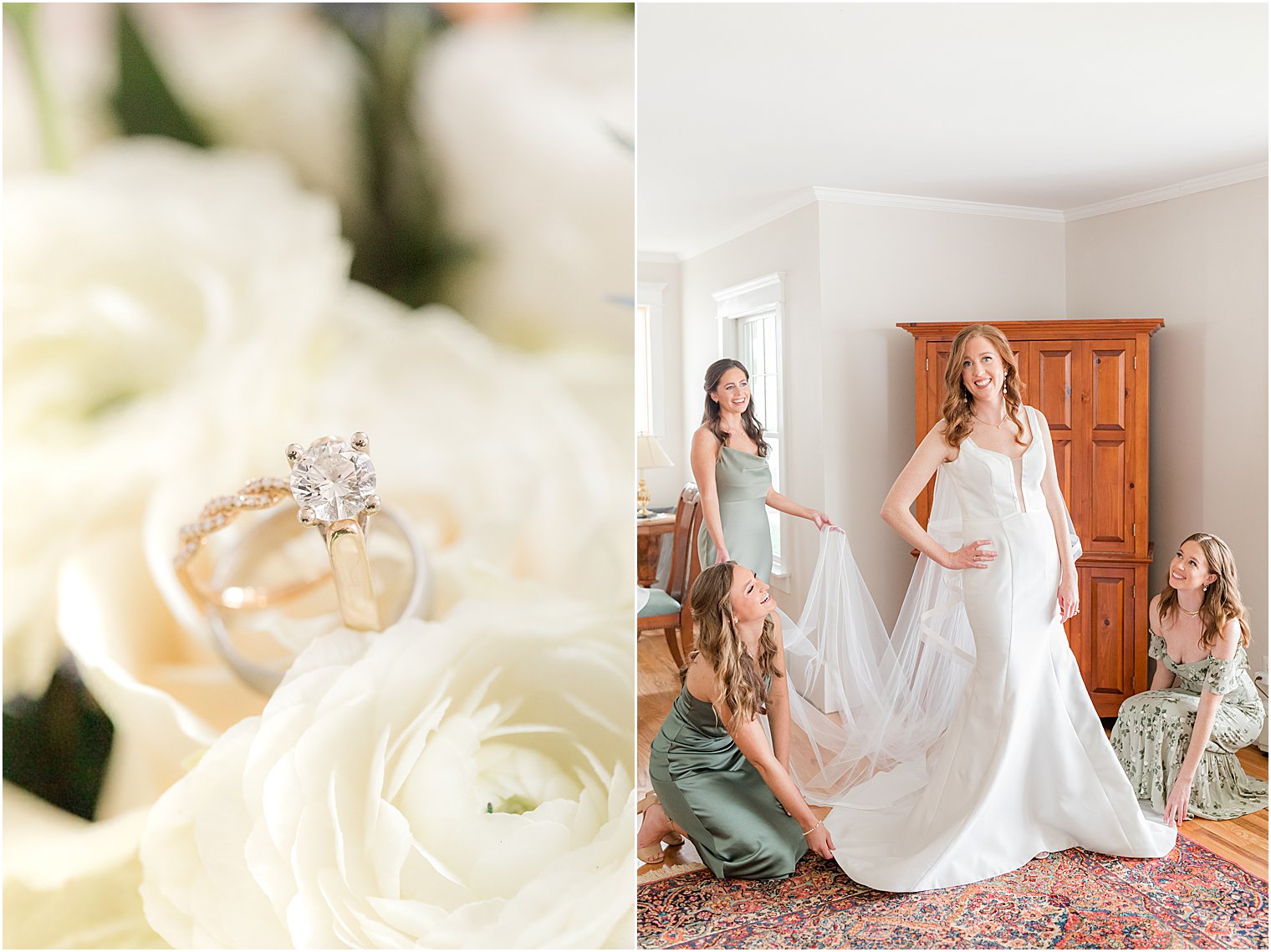 bridesmaids help bride with wedding gown in New Jersey