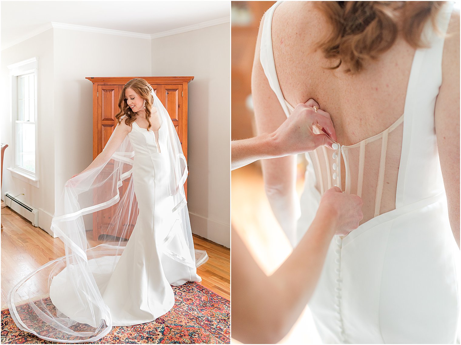 bridesmaid helps bride with wedding gown before NJ wedding