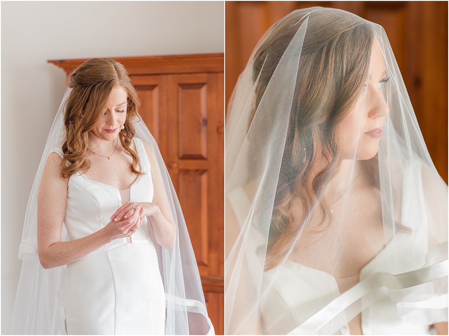 bride poses with veil over face