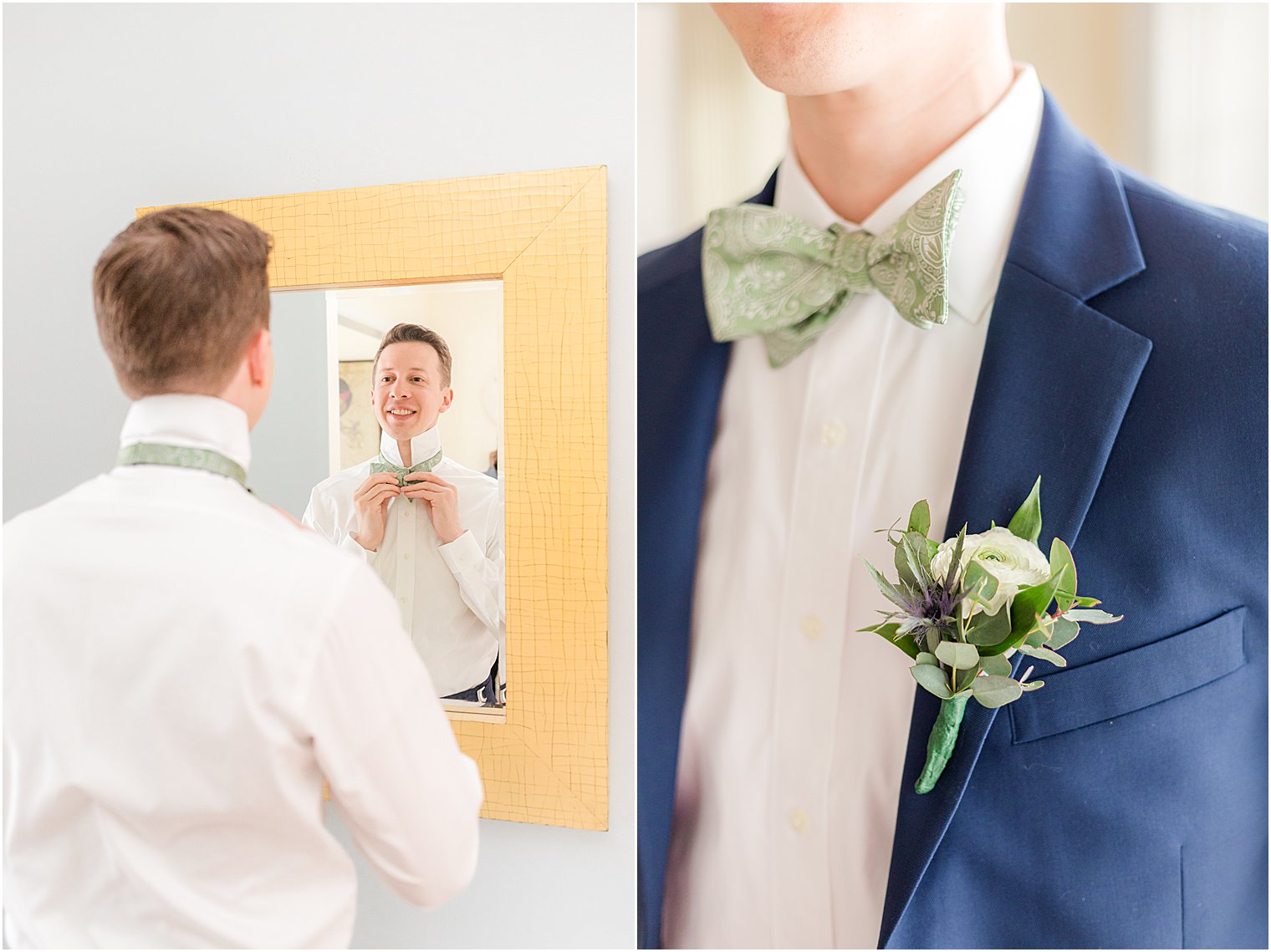 groom ties green tie with navy suit before Belmar Fishing Club wedding