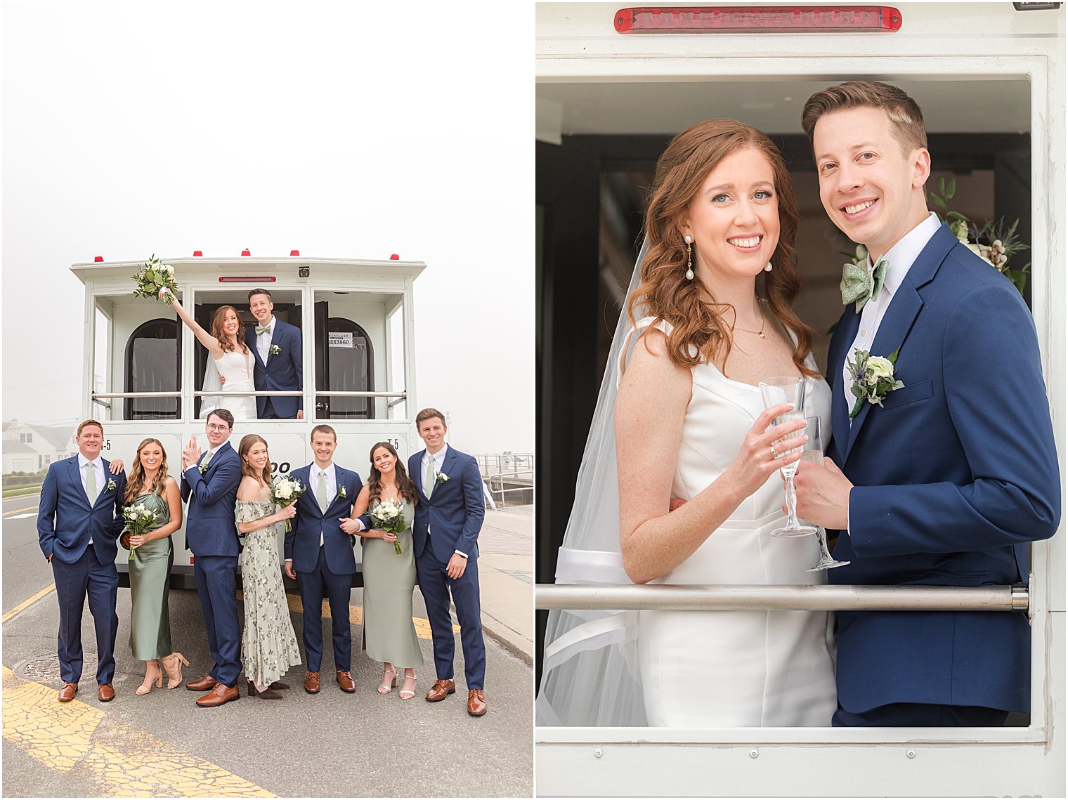 bride and groom stand on back of white trolley