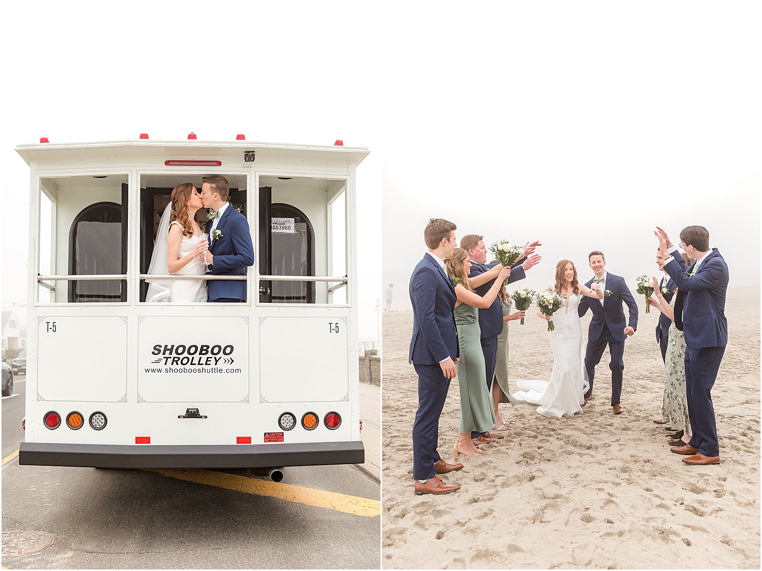foggy wedding portraits on beach of bride and groom kissing