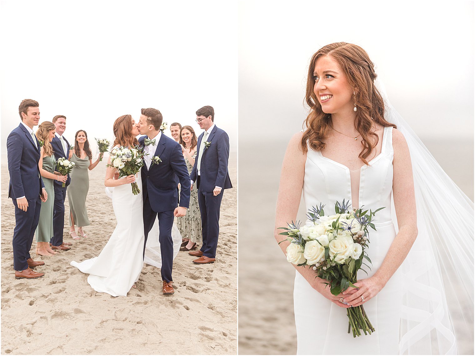 bride stands holding bouquet of white flowers on foggy beach