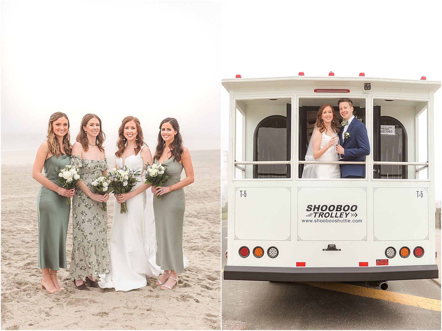 newlyweds stand on trolley while bride poses with bridesmaids in mismatched green gowns