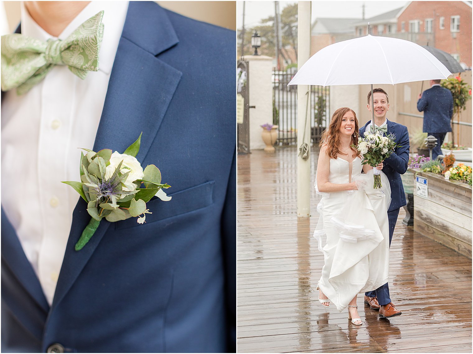 bride and groom walk under umbrella outside Belmar Fishing Club