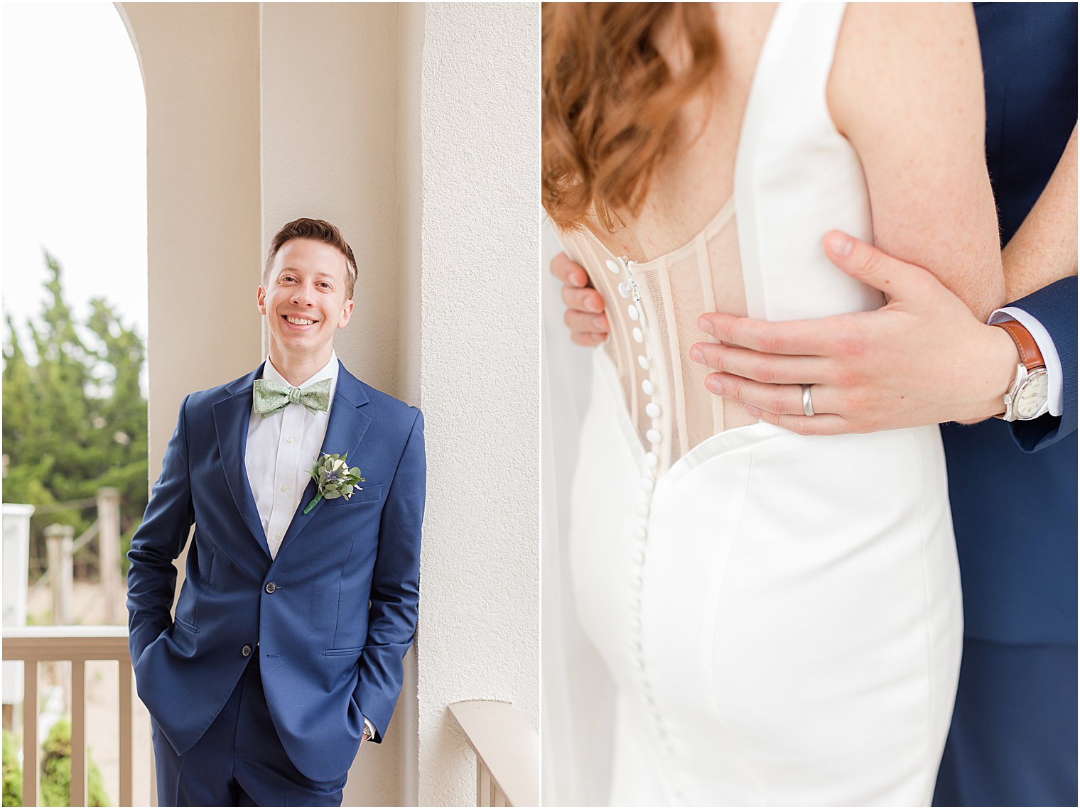 newlyweds hug against white column at Belmar Fishing Club