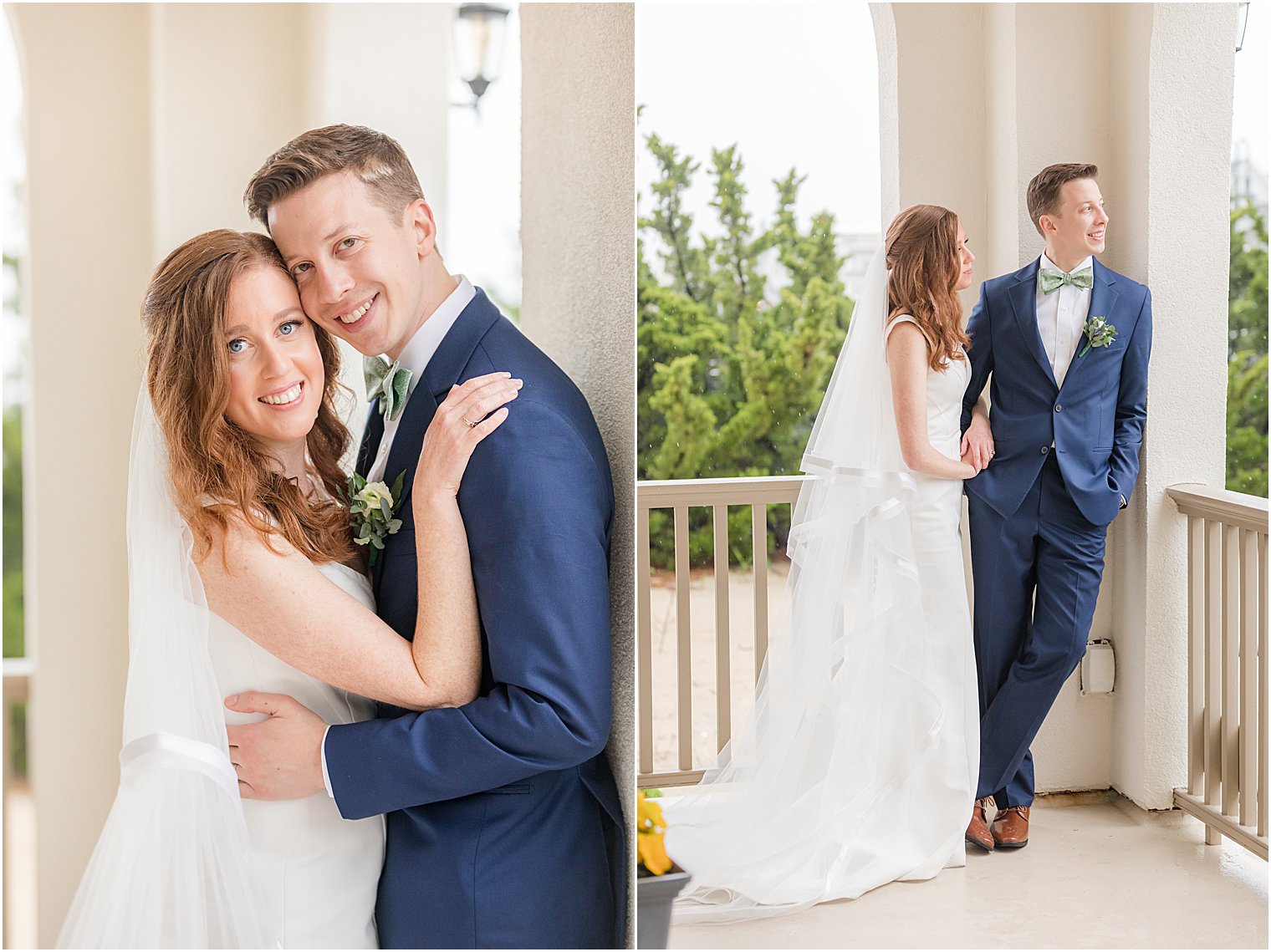 couple poses against white column at Belmar Fishing Club