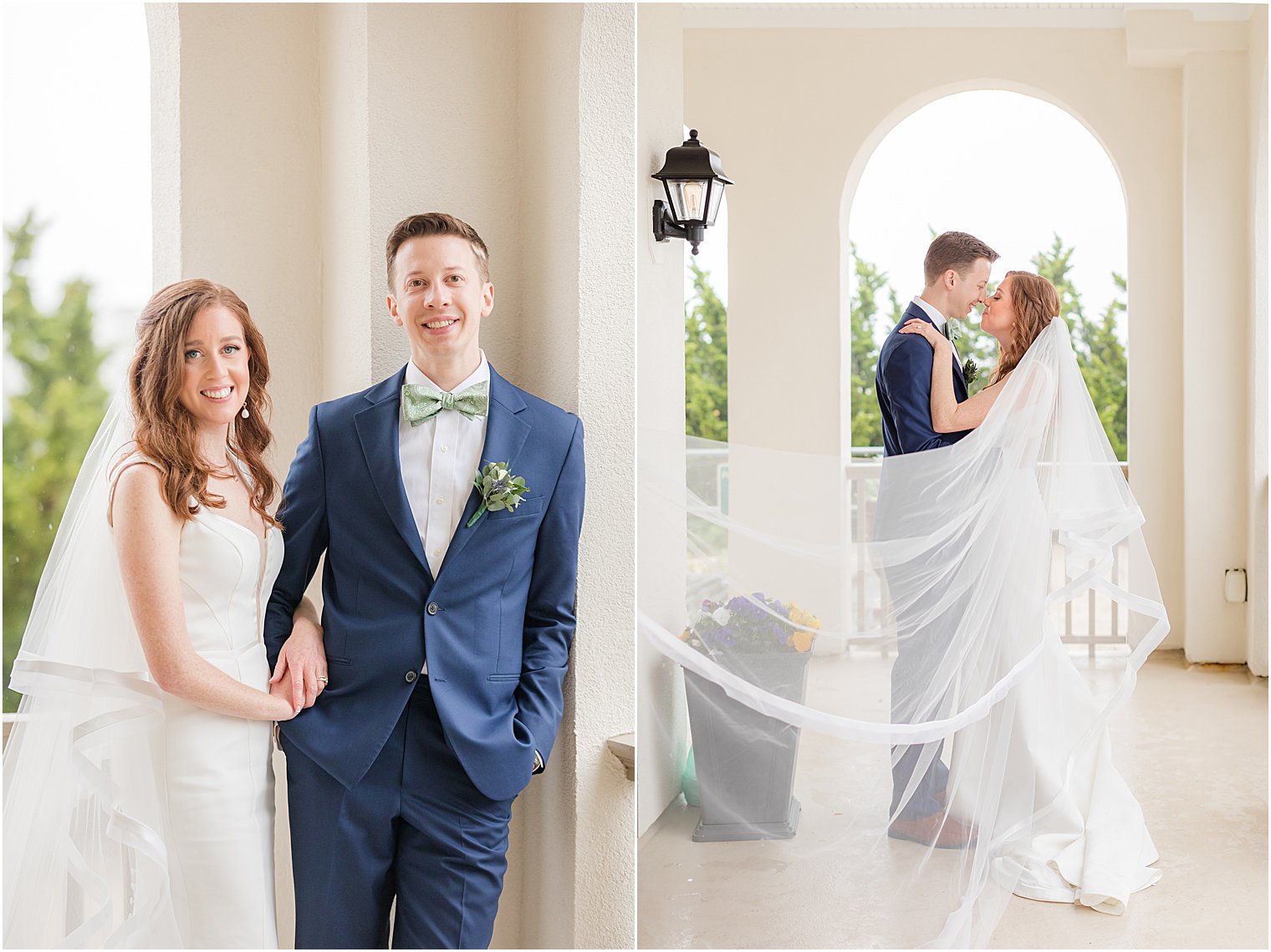 newlyweds kiss under awning at Belmar Fishing Club