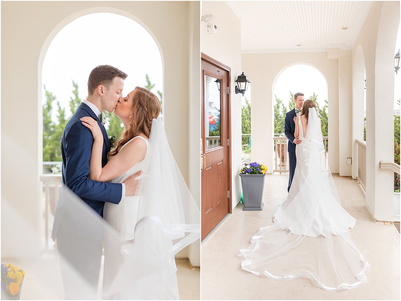 newlyweds kiss on patio at Belmar Fishing Club