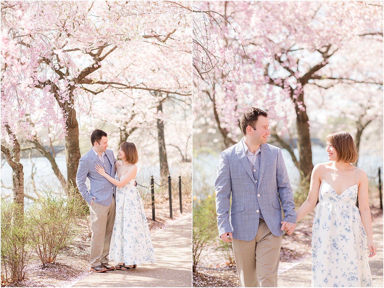 couple holds hands walking through cherry blossoms at Branch Brook Park