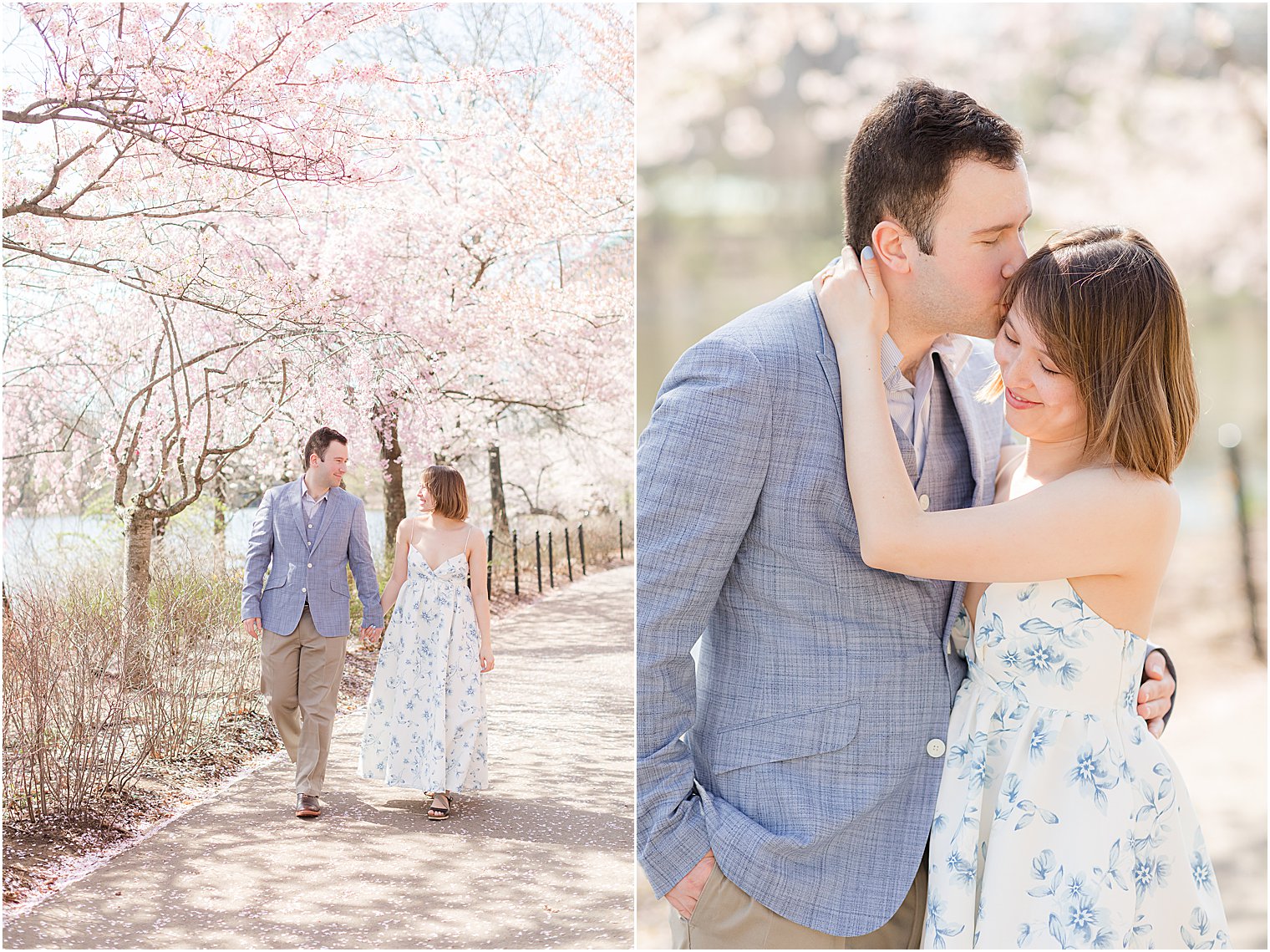 couple hugs under cherry blossoms in New Jersey