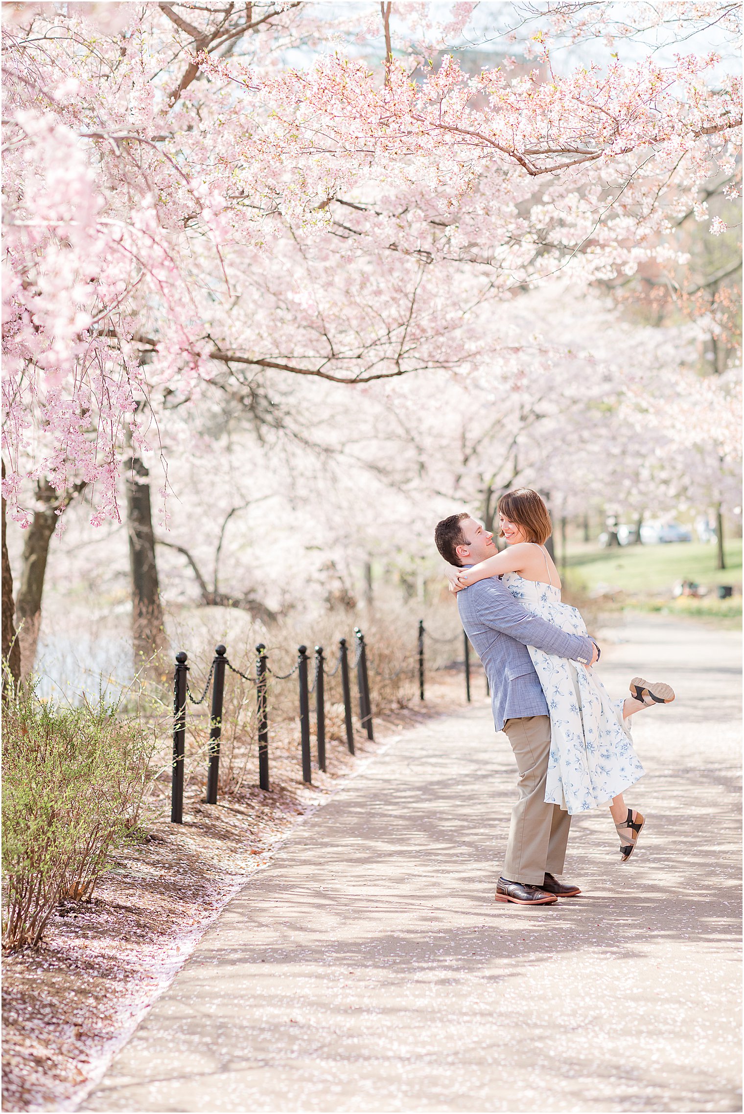 groom lifts bride-to-be off ground under cherry blossom trees at Branch Brook Park