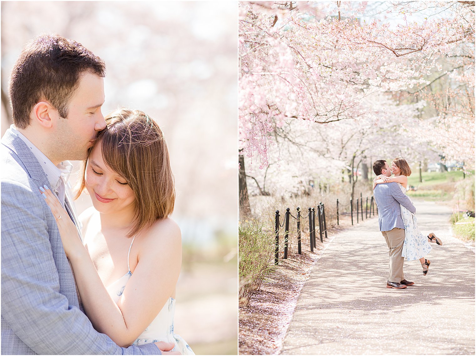 spring engagement session with pink cherry blossom trees