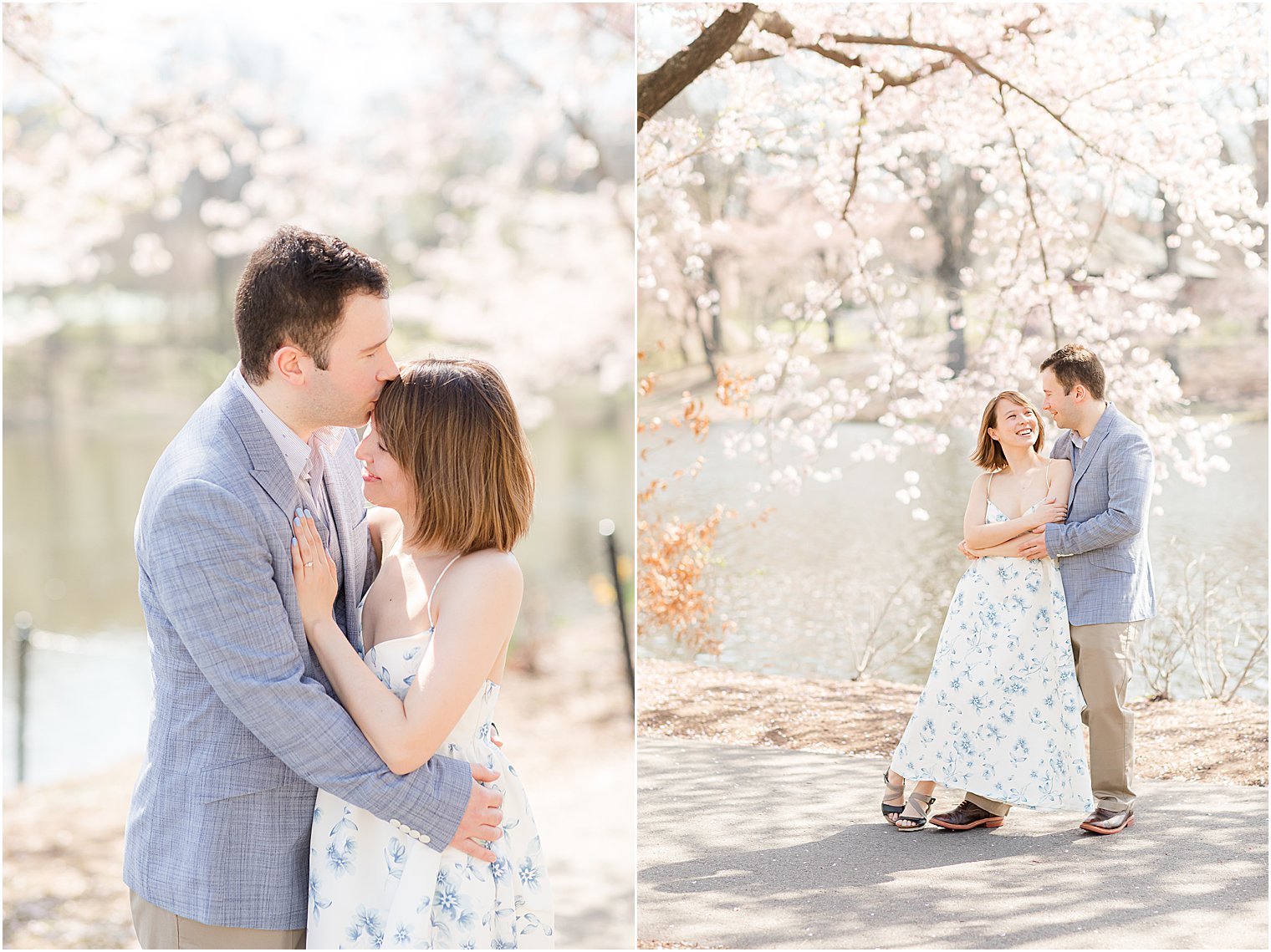 engaged couple hugs under pink blossoms at Branch Brook Park