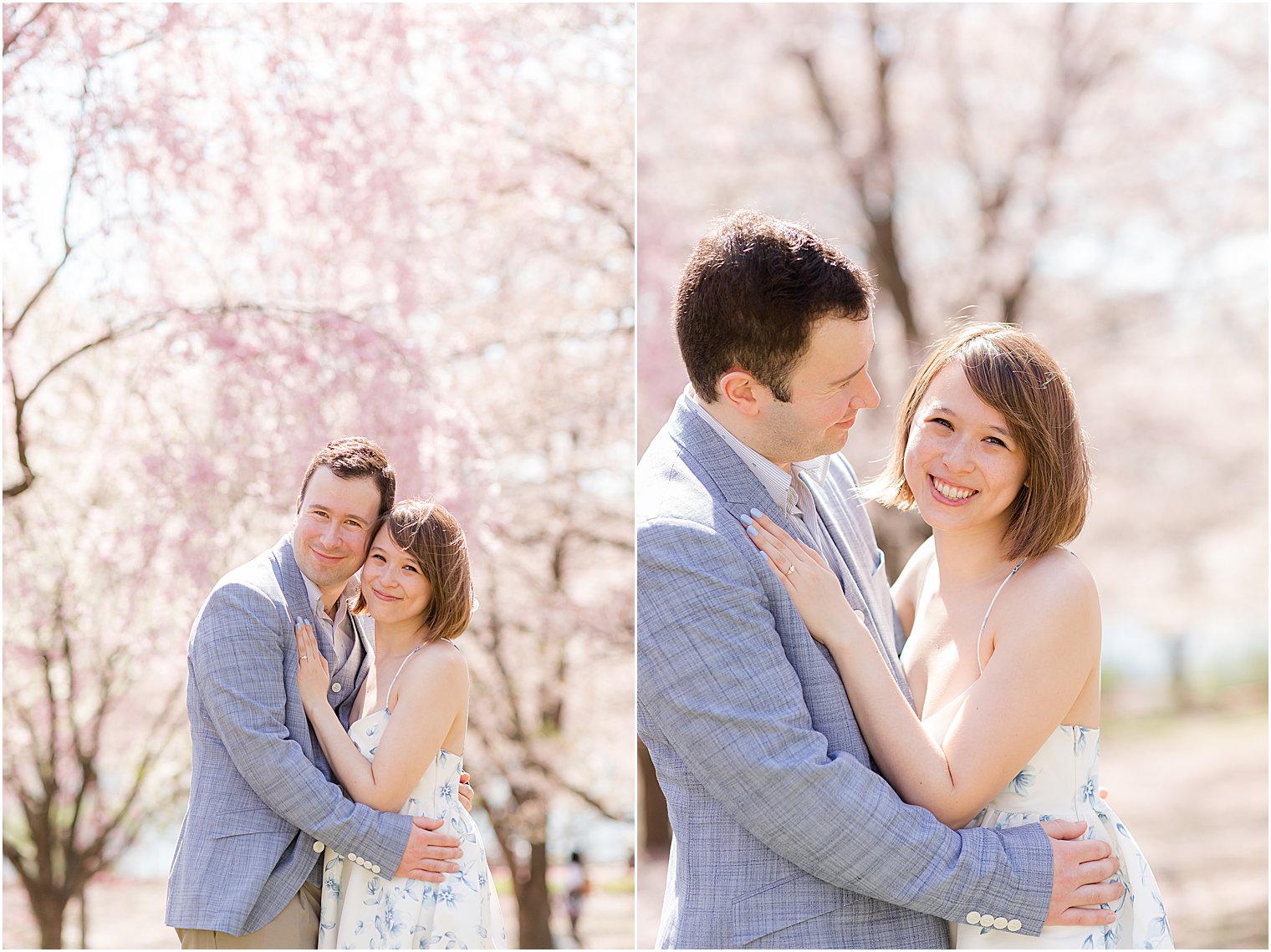 couple hugs under cherry blossoms during engagement session at Branch Brook Park