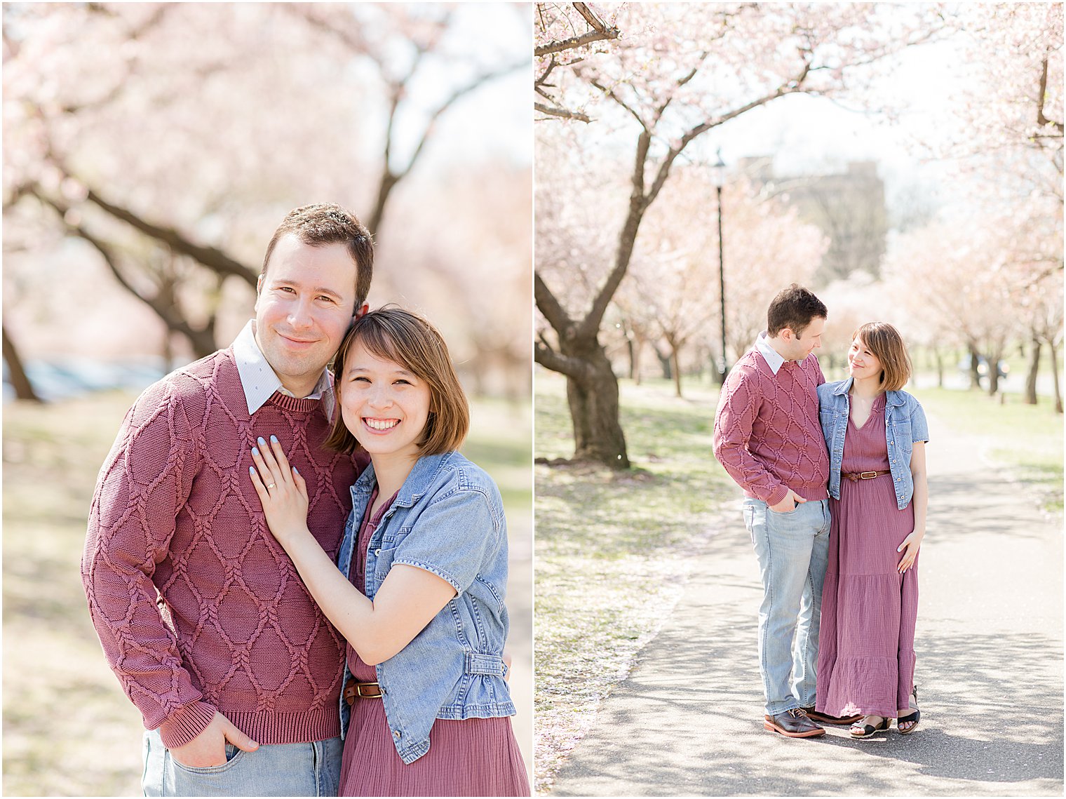 bride and groom walk through Branch Brook Park during cherry blossom season