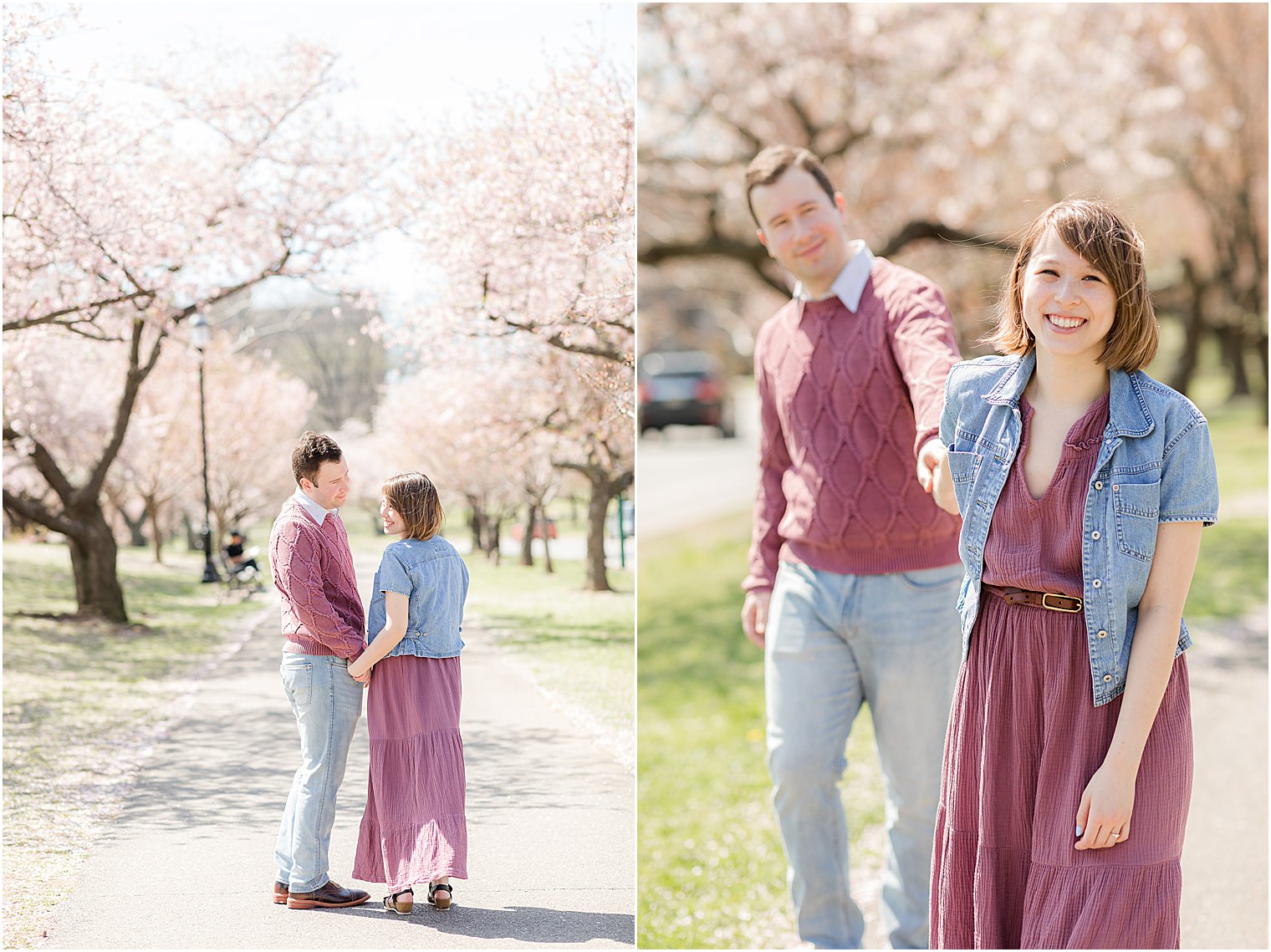 couple holds hands walking through Branch Brook Park