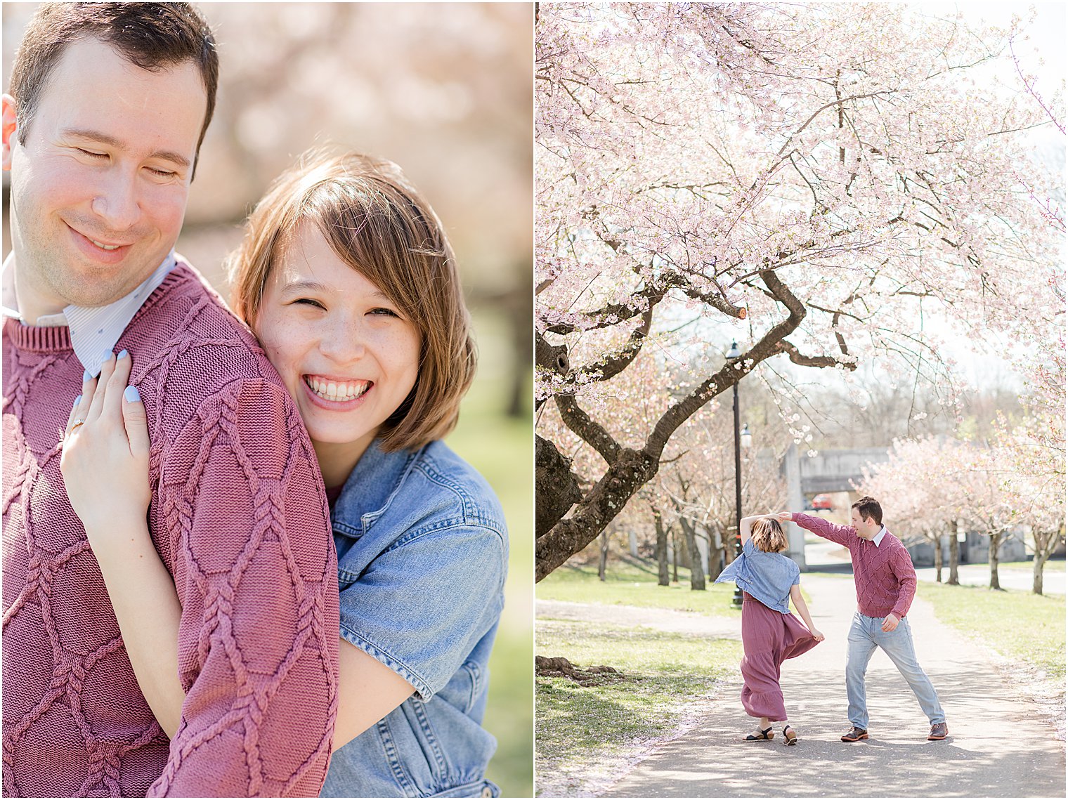 woman hugs fiancee during spring engagement session under cherry blossoms in NJ