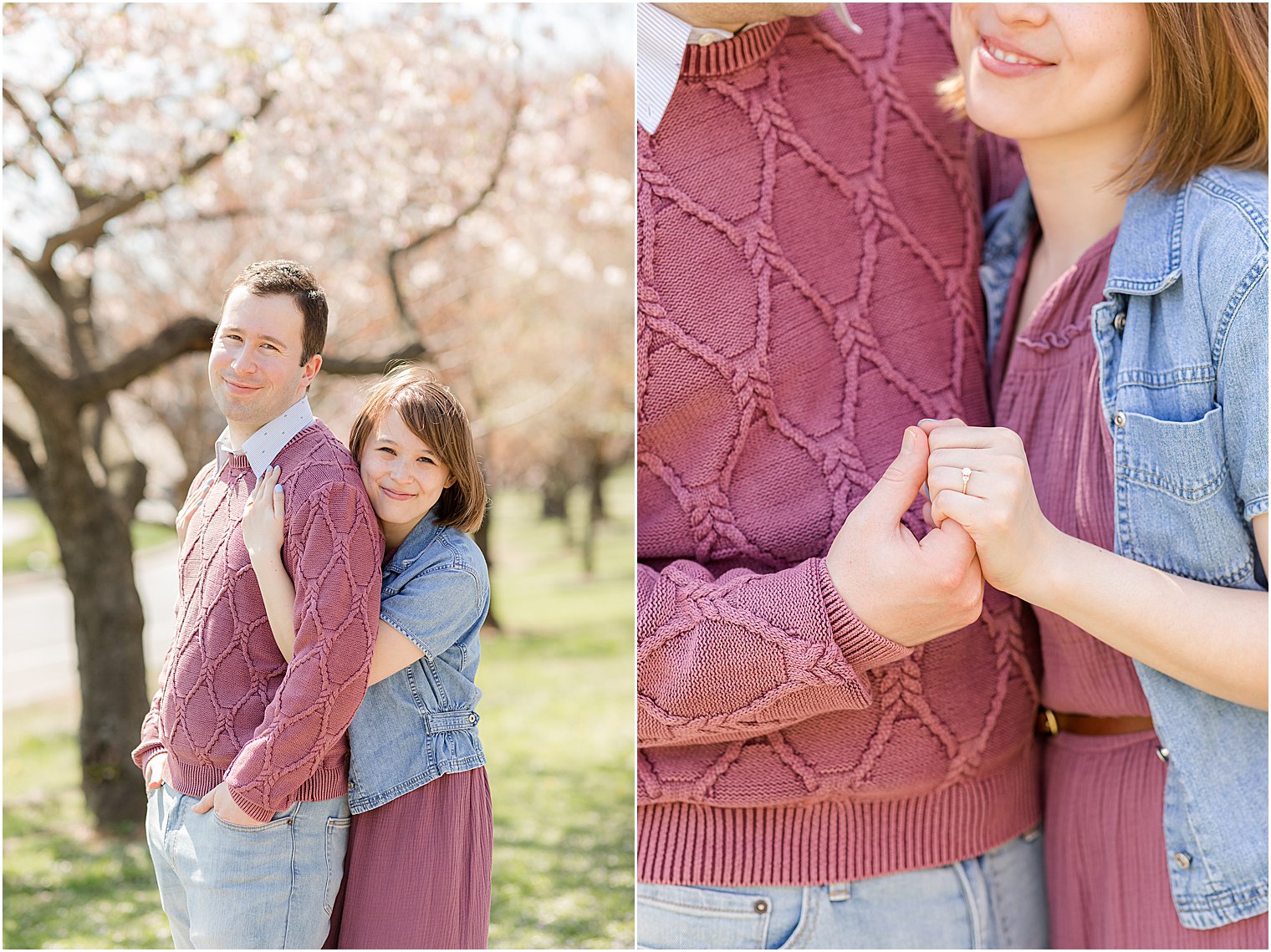 couple holds hands showing off bride's ring