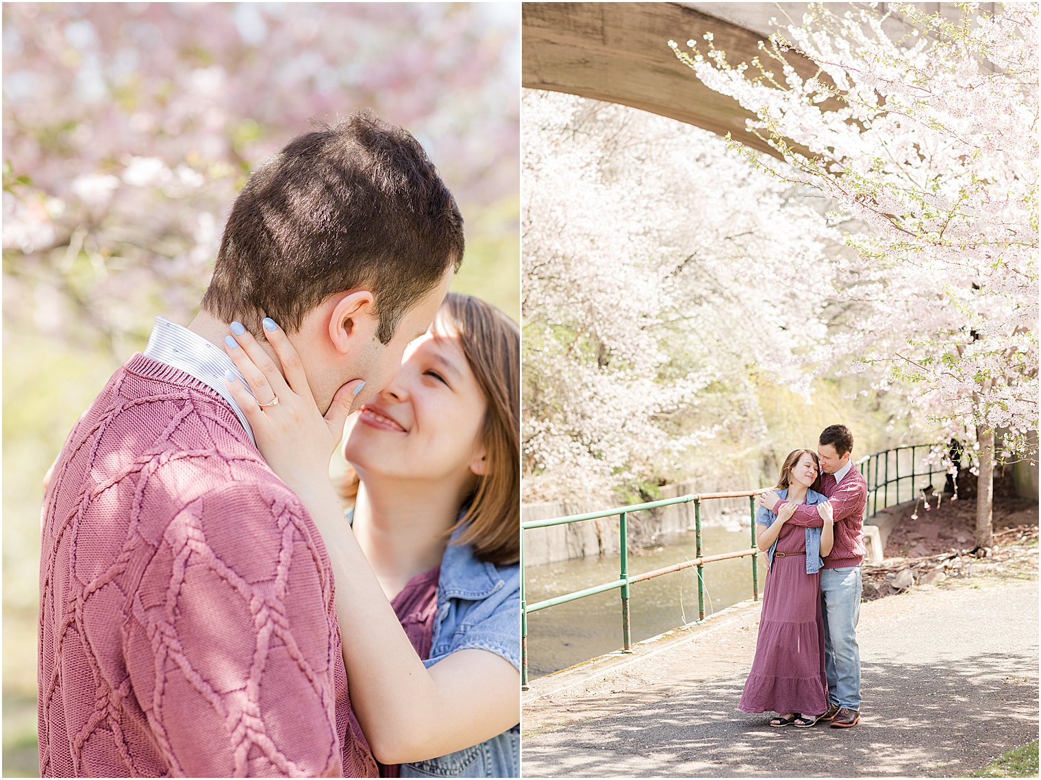 engaged couple poses under bridge at Branch Brook Park