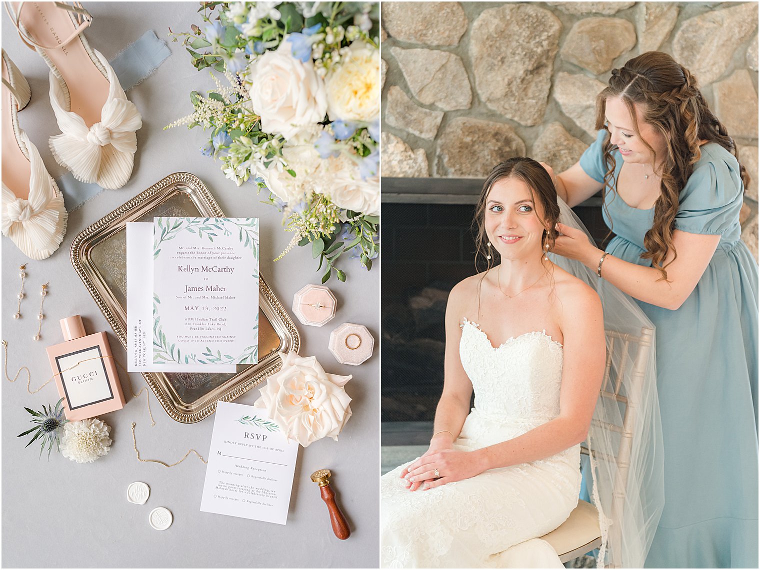 bride prepares by fireplace at Indian Trail Club