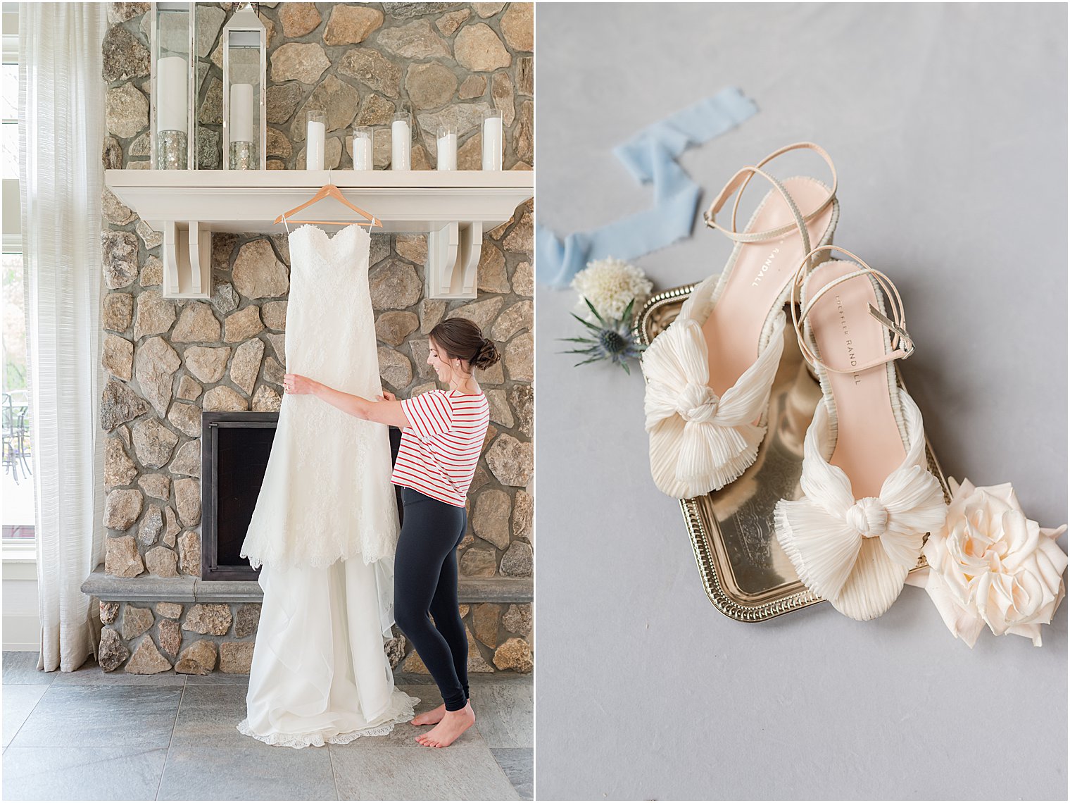 bride looks at wedding dress hanging on stone fireplace