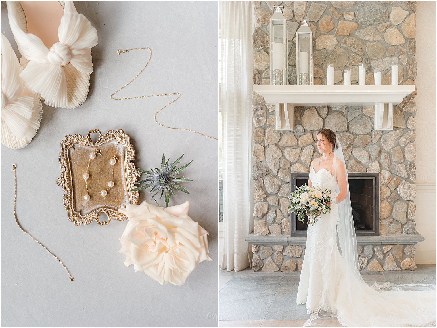 bride stands by stone fireplace at Indian Trail Club