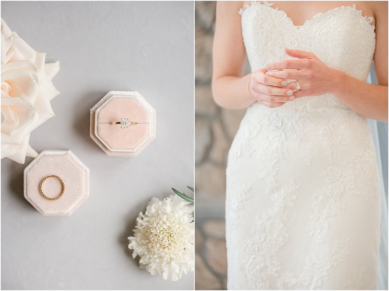 bride adjusts wedding ring in front of strapless gown