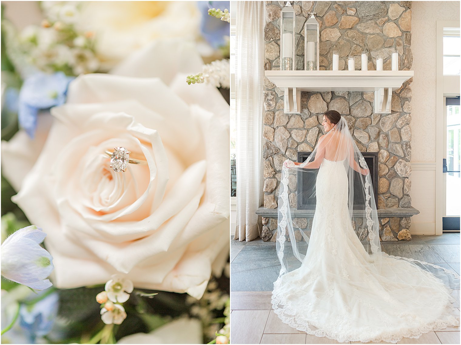 bridal portrait by stone fireplace at Indian Trail Club