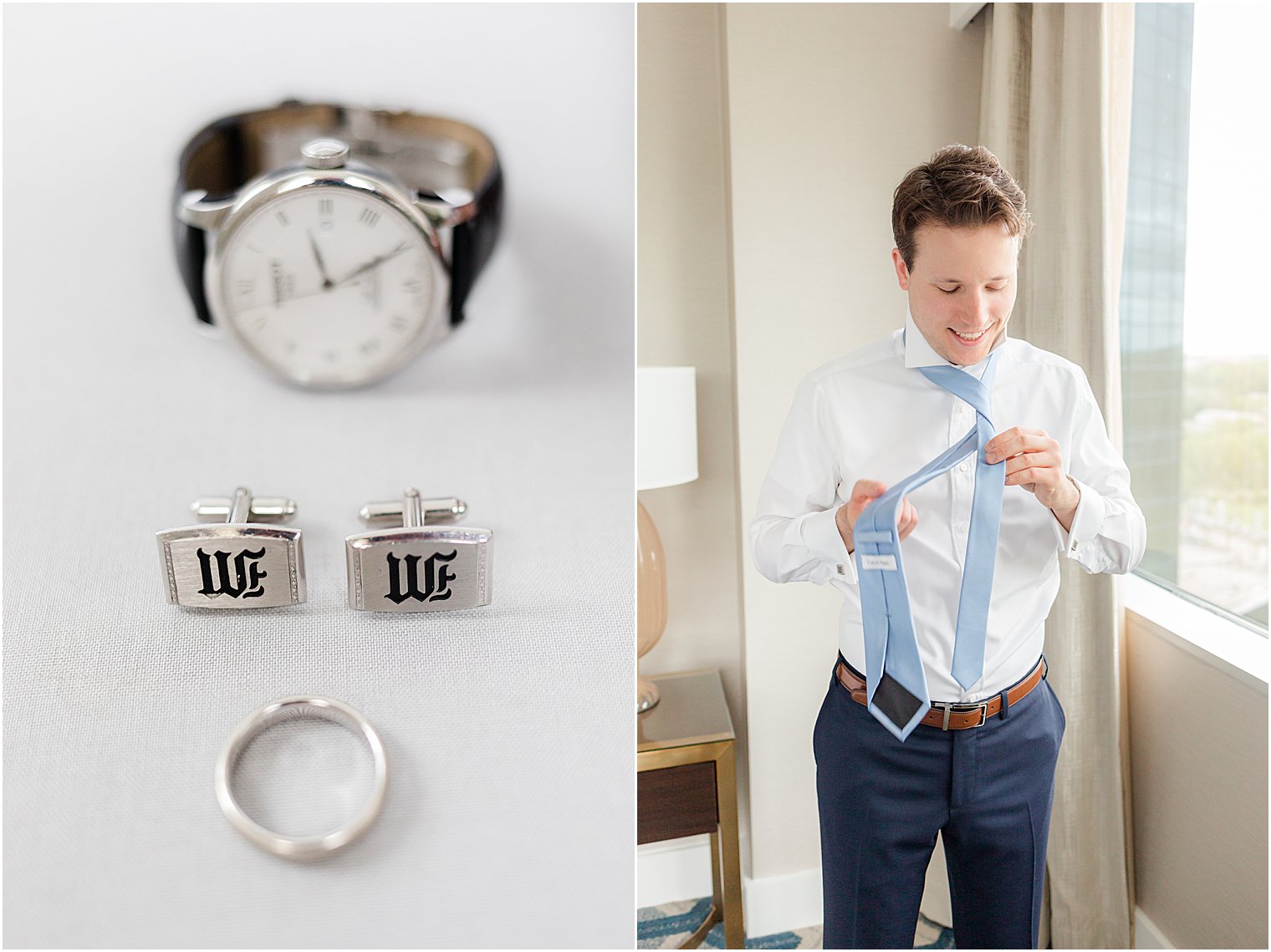 groom ties blue tie before Indian Trail Club wedding celebration