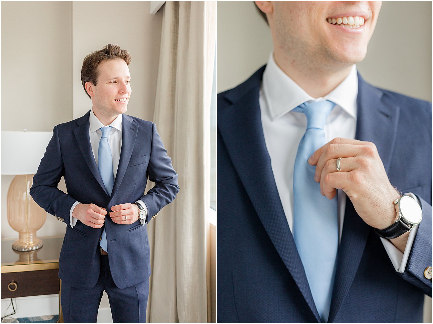 groom in navy suit adjusts light blue tie