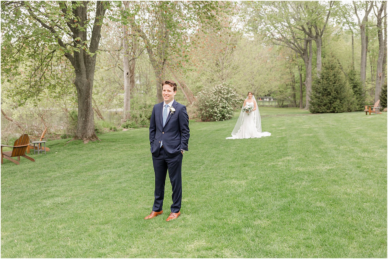 bride walks up to groom for first look