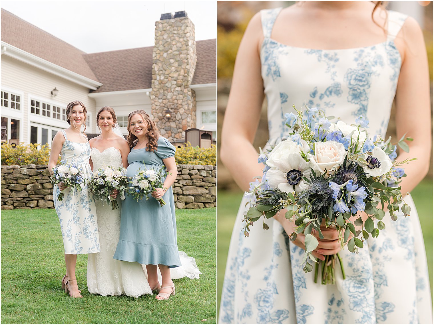 bridesmaid in paisley dress holds bouquet 