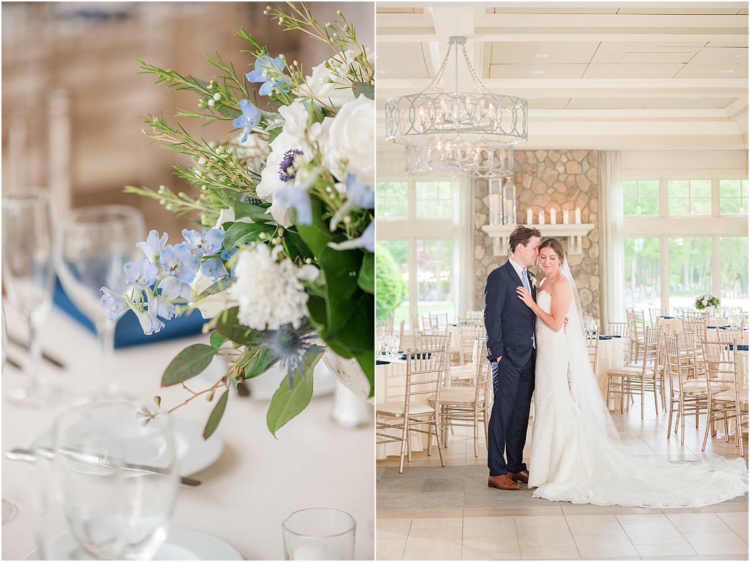 bride and groom pose in reception space before Indian Trail Club wedding celebration