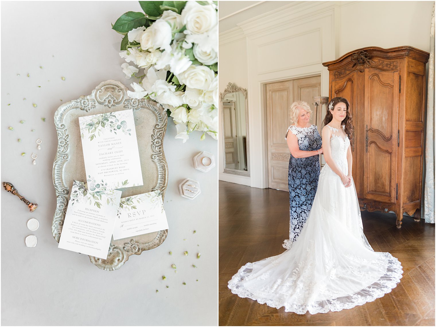 bride prepares for wedding day with mom in bridal suite of Park Chateau 