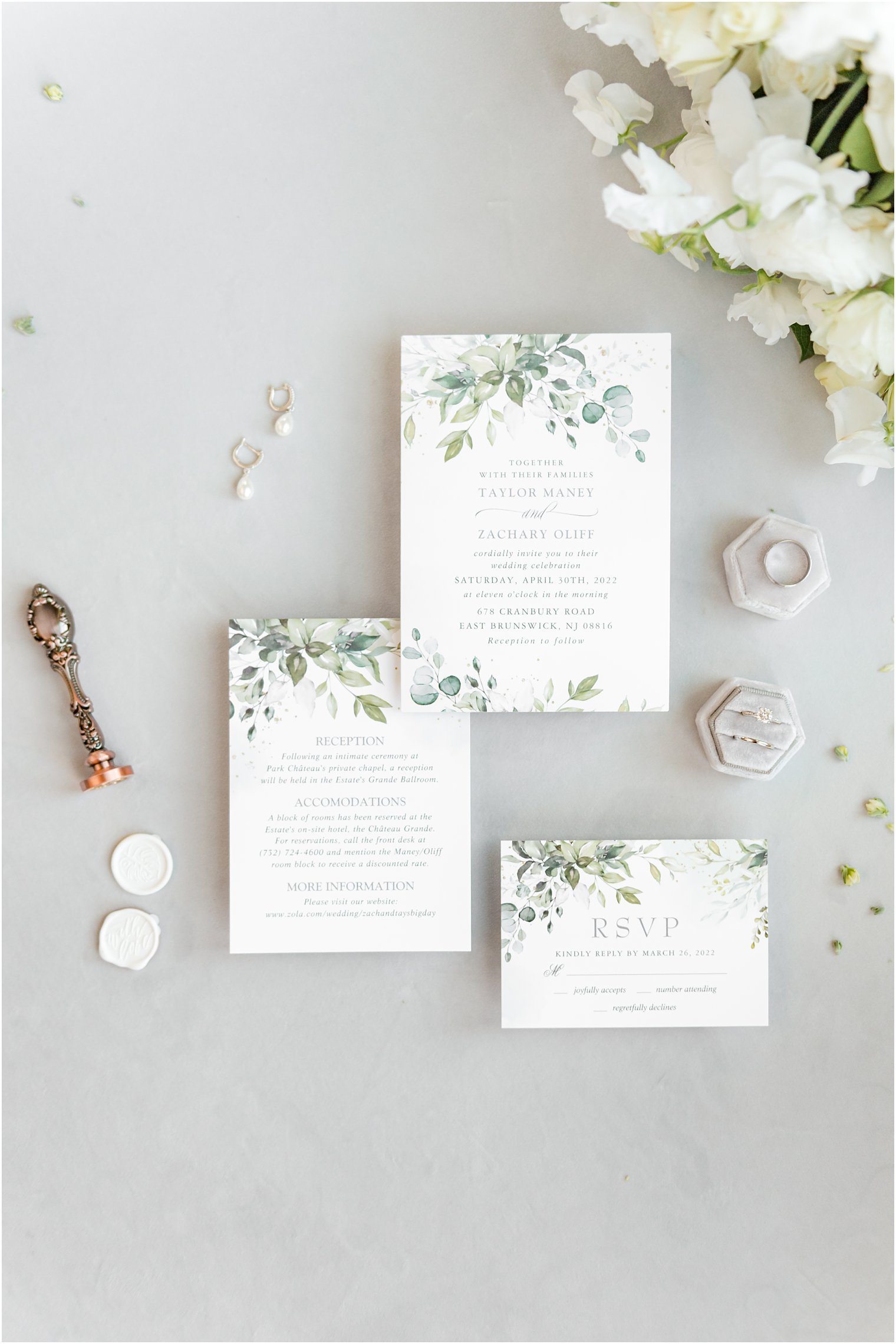 spring invitation suite with greenery and gold