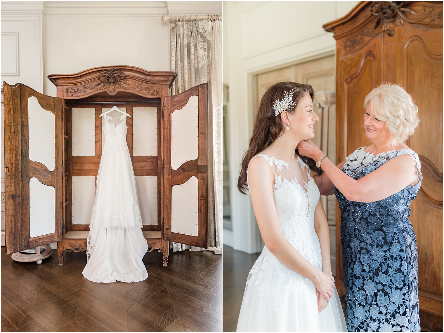 mother helps bride with wedding dress