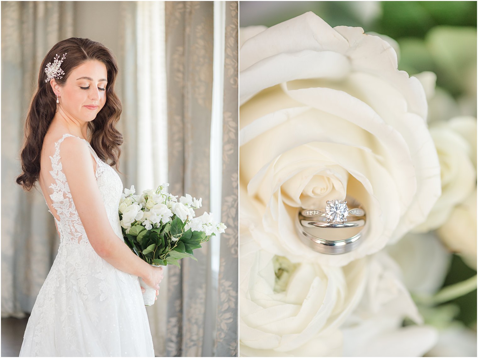 bride poses with hair behind shoulder holding bouquet of white roses