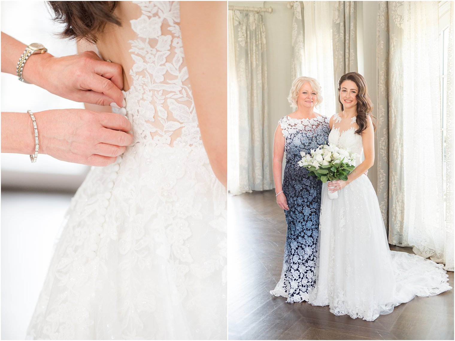 bride poses with mom during prep for Spring Park Chateau Estate wedding