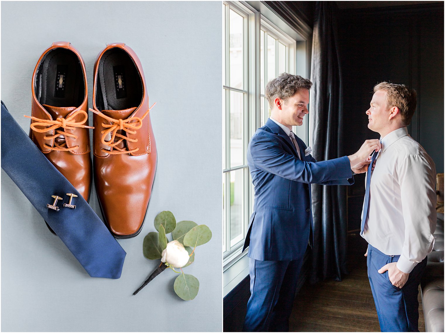 groomsman helps groom with ties before NJ wedding day