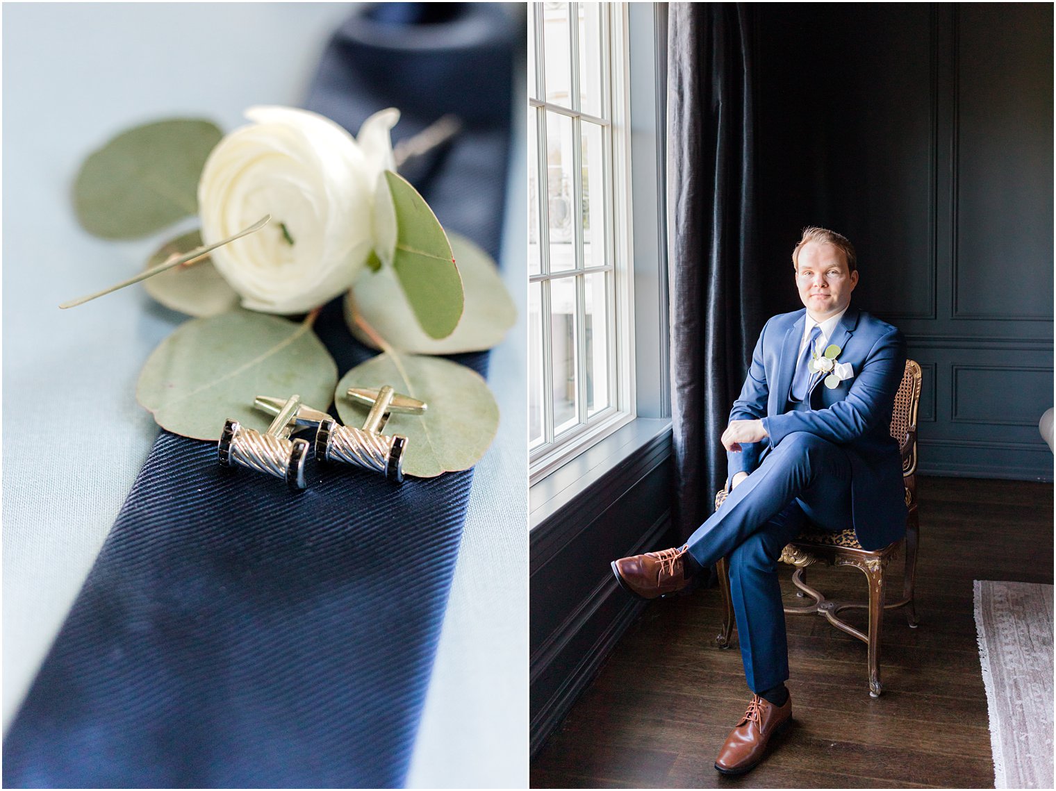 groom sits in chair in blue suit before Spring Park Chateau Estate wedding
